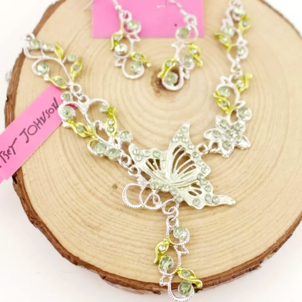 Silver plated green crystal butterfly necklace earrings set with silver post